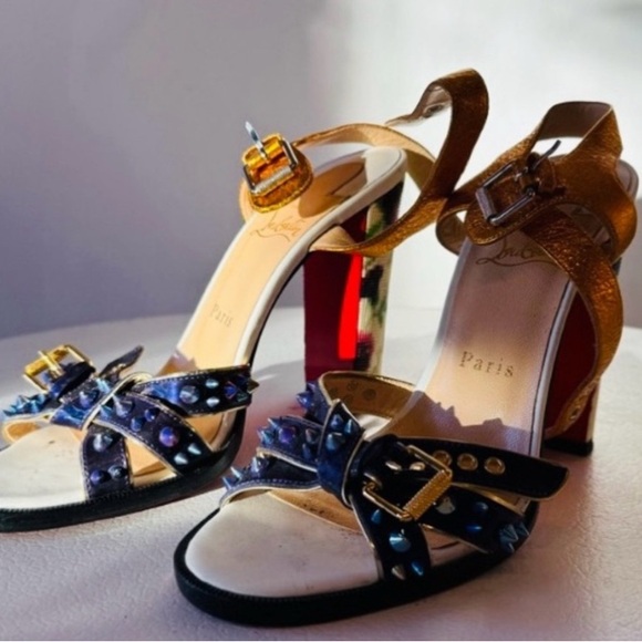Metallic Gold & Blue Studded Women’s High Heel Sandals - Picture 11 of 16